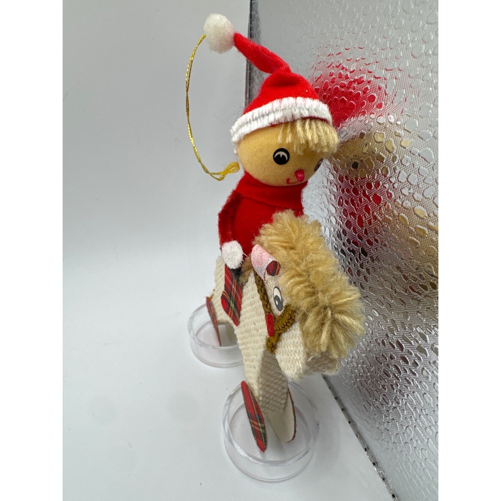 Vintage Christmas Ornament Felt Elf on Burlap Rocking Horse Plaid Red Tan Retro